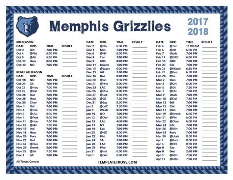 Memphis Grizzlies Printable Schedule