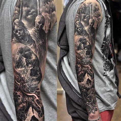 You may end up finding tattoo designs in different magazines, on websites, but our collection of best arm tattoos for black men is unique, and exceptionally wrap your arms. We have gathered a variety of tattoo patterns. 1. Black Men Cross Tattoos. Image. 2. Japanese Dragon Floral Tattoo Design. Image.. 