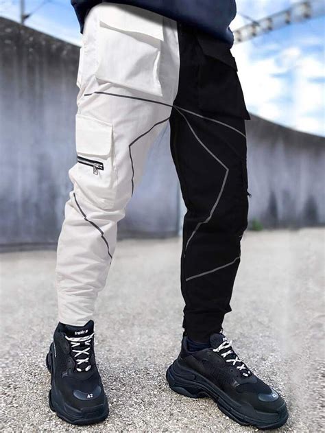 Men Reflective Binding Two Tone Flap Pocket Cargo Trousers