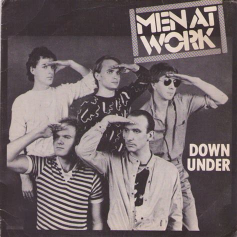 Men at work down under. He just smiled and gave me a Vegemite sandwich And he said "I come from a land down under Where beer does flow and men chunder Can't you hear, can't you hear the thunder? You better run, you better take cover, yeah" Lying in a den in Bombay With a slack jaw and not much to say I said to the man, "Are you trying to tempt me? 