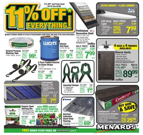 Menards 11 sale 2023. Menards will frequently offer an 11% Merchandise Credit Check against the entire cost of your purchase. It's a mail-in rebate that gives you 11 percent back on merchandise purchased that day. Both regular-priced and sale items are eligible. So far in 2023, there have been 34 weeks of 11% savings: - February 19-25, February 26-March 4. 