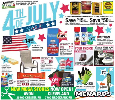 Menards 4th of July Sale. Menards' 4th of July sale is one of the best of the season. They're offering discounts on everything from grills and patio furniture to tools and hardware. Some of the standout deals include: Product Original Price Sale Price Savings; Weber Spirit II E-310 Gas Grill: $529.00: $479.00: $50.00: