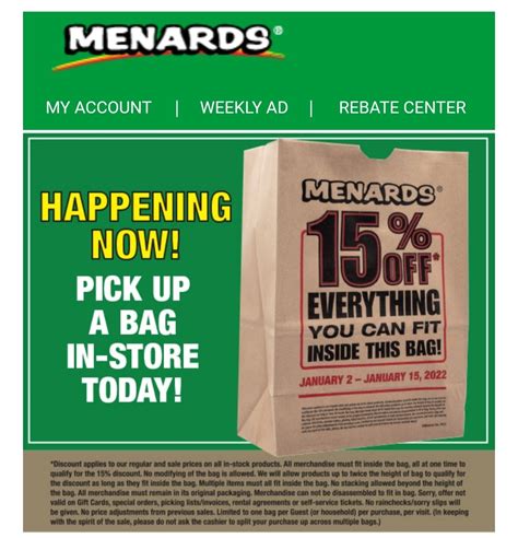 Menards bag sale 2023. Menards Weekly Ad. Browse Menards Weekly Ad October 4 to October 15, 2023. Menards weekly ad and next week's sneak peek. Digital coupons and more savings at Menards Circular. Menards Weekly Ad offers this week; 