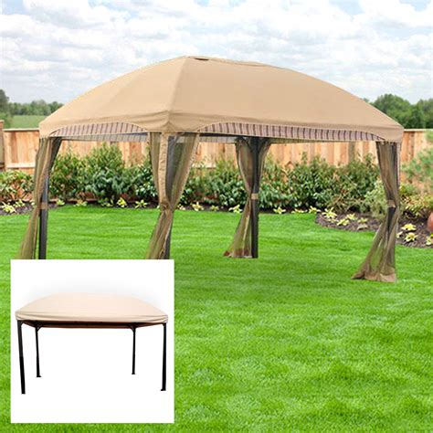  Menards 272-0628: Approximate Frame Size: 11' x 9' Roof Type: Two-Tiered: Overhang Style: Corner and Side Pocket: Signature Indicators of Gazebo: Arches on top of each corner panel; Vertical at the bottom of each corner panel; Garden Winds Replacement Canopy Specifications: Fabric: 350 Denier Polyester Fabric : Canopy Color : Beige Whisper ... . 