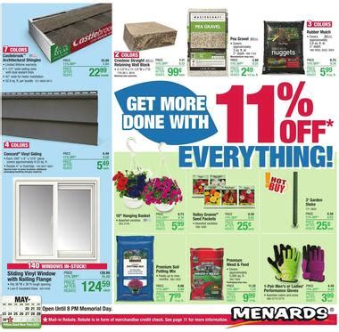 Search Results at Menards®. *Please Note: The 11% Rebate* is a mail-in-rebate in the form of merchandise credit check from Menards, valid on future in-store purchases only. The merchandise credit check is not valid towards purchases made on MENARDS.COM®. "Price After Rebate" is the Price or Sale Price, minus the savings you can receive from .... 