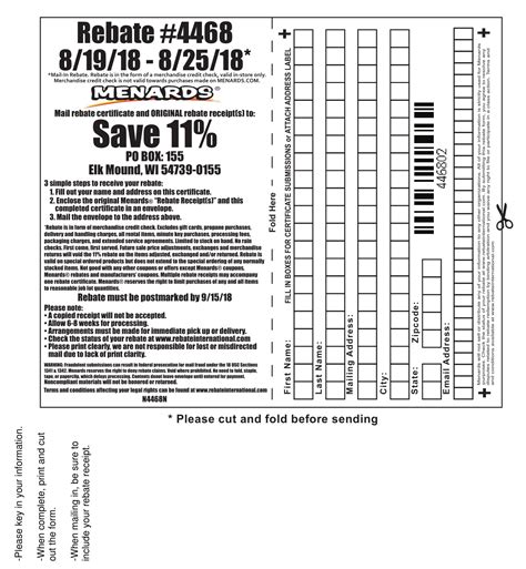 Jun 24, 2023 · Complete the Rebate Form; Menards rebates are offered online, or in store. Make sure you fill in all the necessary information such as your address and name as well as the purchase details, along with any other documents required. Create the Rebate Submission; Attach the original receipt for sales or invoice on the rebate form. . 