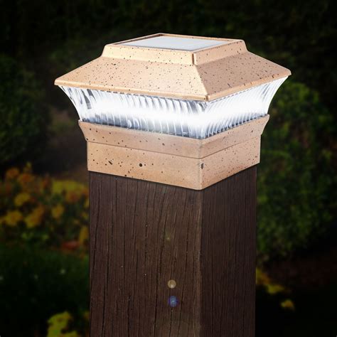Features a durable plastic construction with a white finish. Includes 4 decorative solar post cap lights. Has an attractive design/profile on all 4 sides. Includes mounting screws. Fits standard 4" x 4" and 6" x 6" wood posts without requiring additional adapters. Save on energy; solar panel collects sunlight to charge the battery during the day..