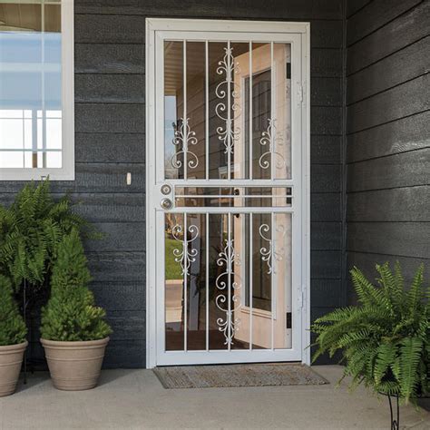 Menards security doors. Spring-loaded mechanism adjusts from 76-3/4" to 81" for an exact fit in your doorway. Tempered glass for improved safety. Latch lock assembly enables sliding glass door to lock. Installs in both left and right closing sliding glass doors. Pet door measures 8" wide x 11" high for dogs up to 40 lbs. Includes a 1 year limited warranty. 