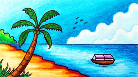 contoh lukisan pemandangan di tepi pantai waktu senja
