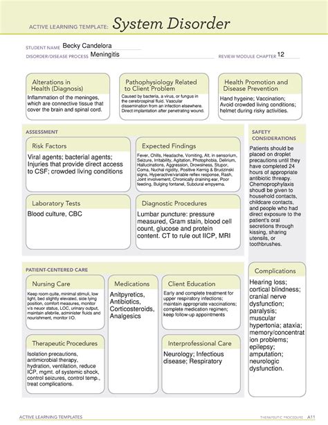 Ati system disorder template for meningitis active learning template: This is an active learning template assignment that was submitted for class assignment grading. Web the gold standard for the diagnosis of acute bacterial meningitis is the detection of viable bacteria from the cerebrospinal fluid (csf) by culture.. 