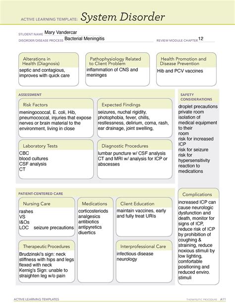 active learning templates therapeutic procedure a. system disorder. student name _____ disorder/disease process _____ review module chapter _____ active learning template: assessment safety considerations. patient-centered care. 