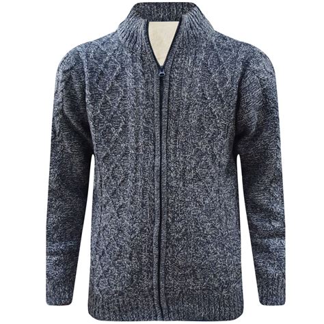 Mens Zip Up Thick Fleece Lined Cable Knit Cardigan Winter