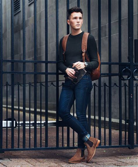 Mens chelsea boots outfit. Try Fancy Versions With a Casual Outfit. (Image credit: Kirstin Sinclair/Getty Images) Leather and suede might be more commonplace, but we're very much here for luxe Chelsea boots, too. Take this jacquard pair, for example—they help elevate this tonal ensemble with their eye-catching shimmer. Ganni. 