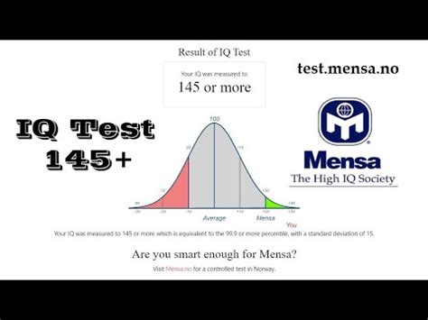 Apr 30, 2023 · IQ Test Made by Mensa Norway - Mensa Norway. IQ Test Made by Mensa Norway This online test gives an indication of general cognitive abilities, represented by an IQ-score between 85 and 145 where 100 is the population average. This test does not serve as a substitute for a professional intelligence test, such as those administrated by a psychol ... . 