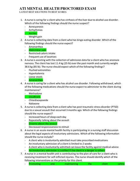 Mental health ati proctored. ATI MENTAL HEALTH A 2019 PROCTORED EXAM 70 QUESTIONS WITH ANSWERS STUDY GUIDE. (6) $17.99. 54x sold. 1. A nurse is planning overall strategies to address problems for a client who has borderline personality disorder. Which of the following strategies is the priority for the nurse to incorporate in the plan of care? 