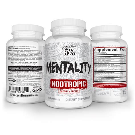 5% Nutrition Mentality Supplement Facts. Serving Size: 2 Capsules. Servings Per Container: 30. Vitamin B6 (as pyridoxine hydrochloride) 12mg. Vitamin B12 (as methylcobalamin) 1,250mcg. Calcium *as dicalcium phosphate) 26mg. Mind Over Matter Mental Power Blend 459mg. Panax Ginseng Extract (Root) L-Phenylalanine, Theacrine …