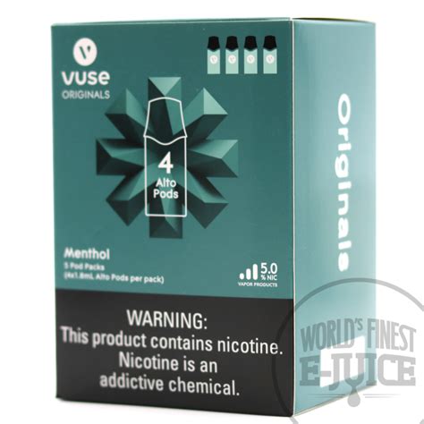 Rich Tobacco: a bold tobacco flavor with nutty undertones. Vuse Rich Tobacco Pods are available in packs of two only. Choose from 50mg (5%), 24mg (2.4%) and 18mg (1.8%) nicotine strengths. Menthol: a cool and brisk menthol flavor with fresh botanical notes. Vuse Menthol Pods are avialable in packs of two and four.