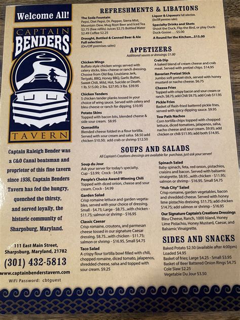 Menu - Captain Benders Tavern - 111 E Main St - Foursquare