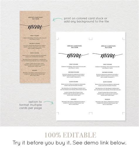 Menu Card Template Rustic Dinner Menu Wedding Menu Card Etsy