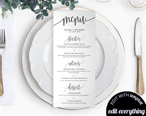 Menu Cards Menu Card Printable Dinner Menu Download DIY Menu Card