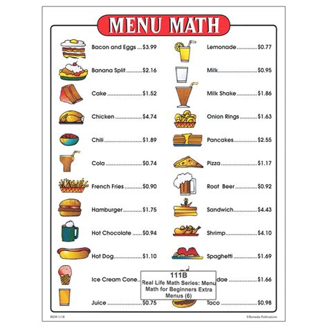 Menu Math for Beginners, 6 Extra Price Lists REM111B Remedia