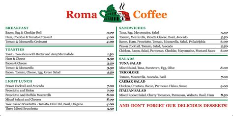 Menu Roma Coffee.