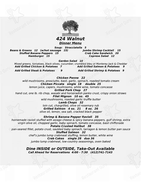 Menu at 424 Walnut pub & bar, Sewickley - Restaurant Guru