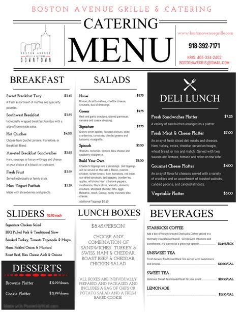 Menu at Boston Avenue Grille & Catering restaurant, Tulsa