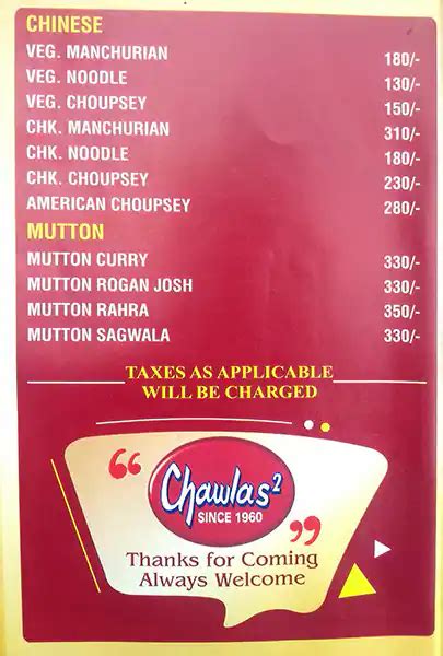 Menu at Chawla