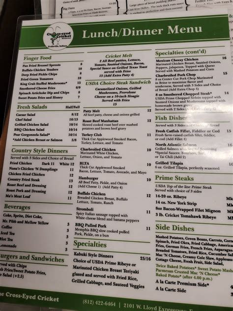 Menu at Cross-Eyed Cricket Family Restaurant, Evansville