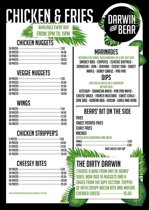 Menu at Darwin and Bear pub & bar, Chesterfield