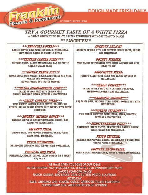 Menu at Franklin Pizzeria & Restaurant, Kitchener