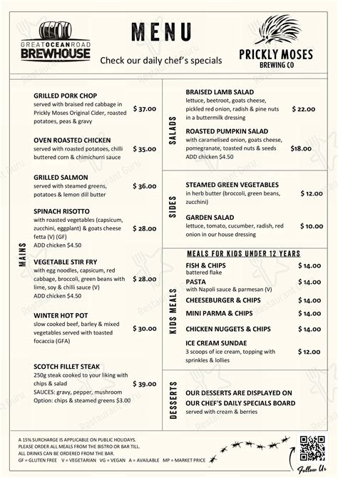 Menu at Great Ocean Road Brewhouse pub & bar, Apollo …