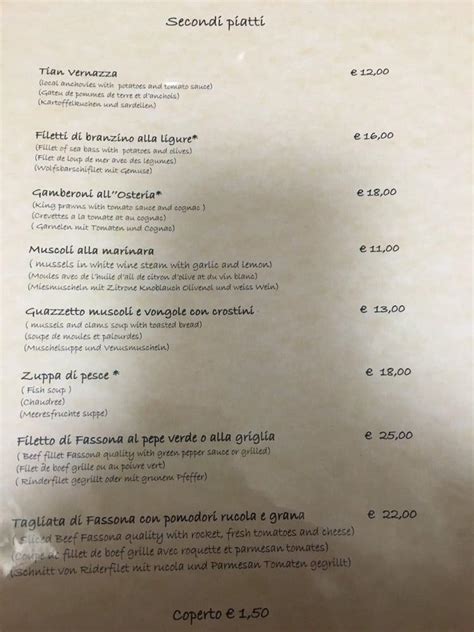 Menu at L’Osteria restaurant, Monterosso al Mare