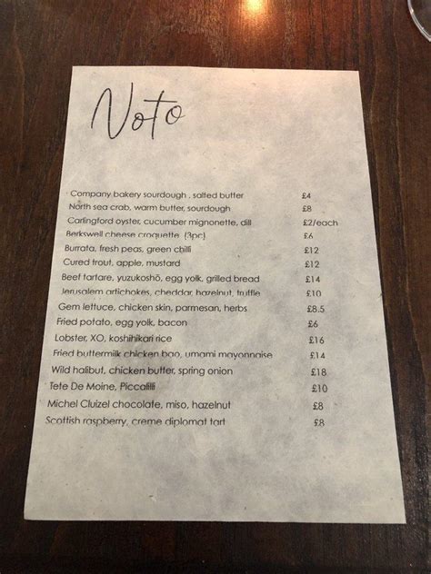 Menu at Noto restaurant, Edinburgh