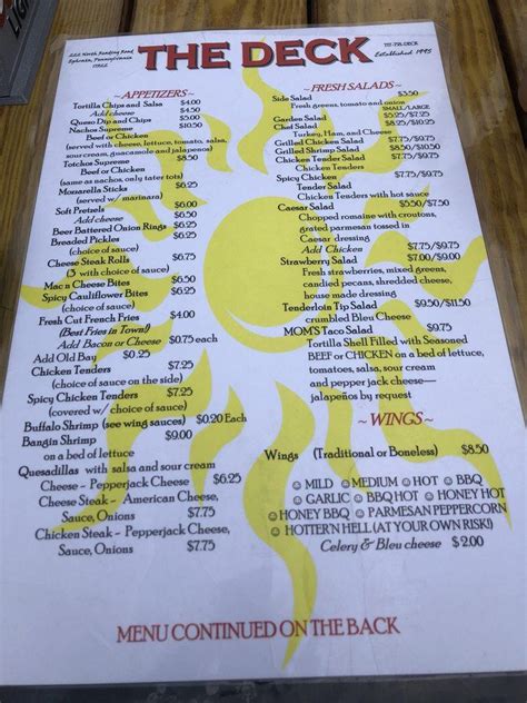 Menu at On the Deck pub & bar, Atlantic Highlands, 10 Simon …