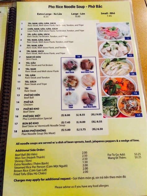 Menu at Pho Bac Hoa Viet restaurant, Sacramento, Bradshaw Rd