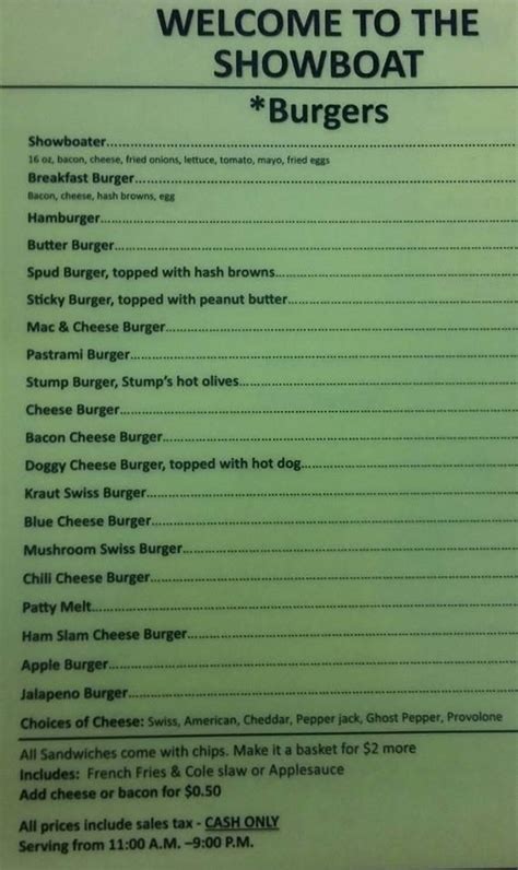 Menu at Showboat Burgers and Beer pub & bar, Edgerton