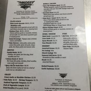 Menu at Tanioka Express restaurant, Waipahu