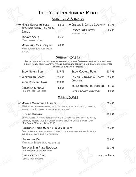 Menu at The Cock Inn at Sarratt pub & bar, Sarratt - Restaurant Guru