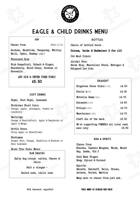 Menu at The Eagle and Child pub & bar, Oxford - Restaurant Guru