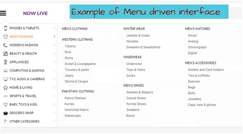 Menu driven examples.  Menu driven interfaces can also be verbal rather than visual.  Library M...