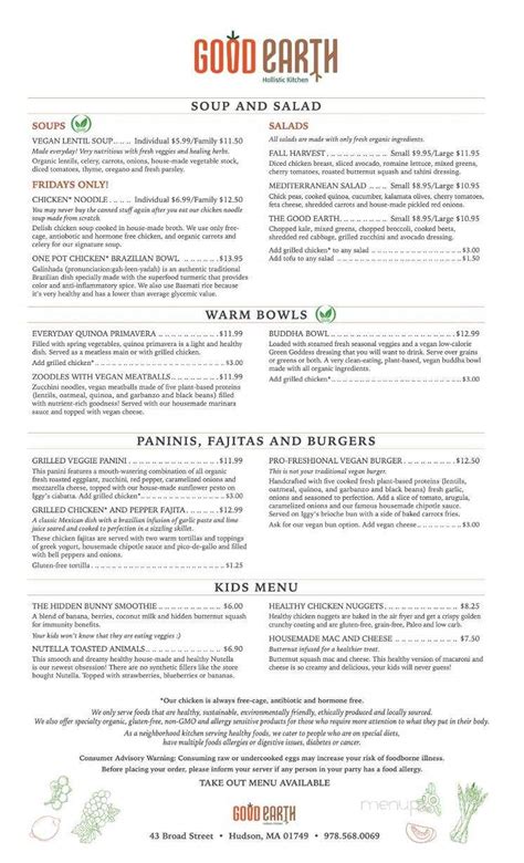 Menu of Good Earth Holistic Kitchen in Hudson, MA 01749