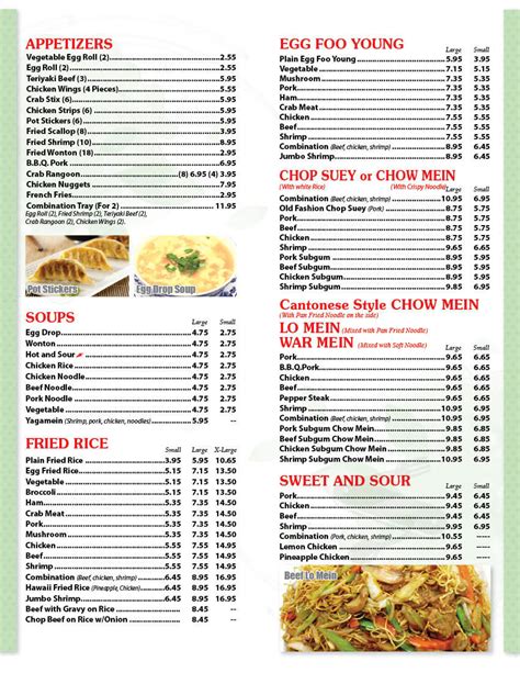 Menu of Wings Chinese Food