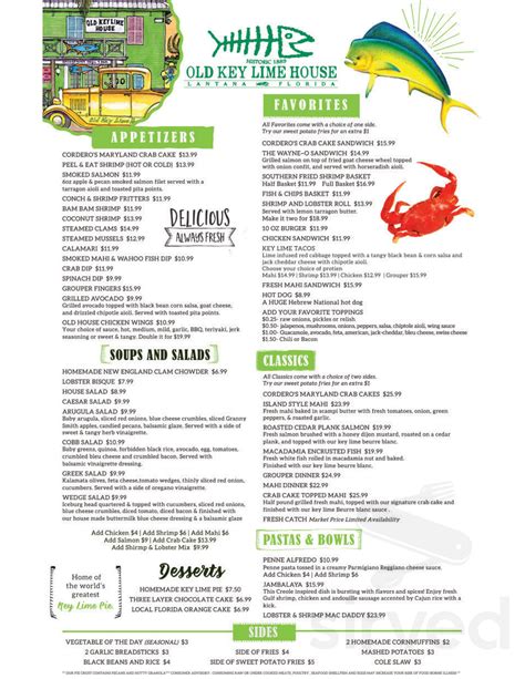 Menu old key lime house. Old Key Lime House Menu. Old Key Lime House Menu and Prices. 4.2 based on 115 votes Order with. Seafood; Choose My State. FL. Old Key Lime House Menu. Order Online. Dessert: Homemade Key Lime Pie: 0. $6.00: Creme Brule Cheesecake: 0. $6.00: Ultimate Chocolate Cake: 0. $6.00: Appetizers & Salads: Chilled Gazpach: 0. $5.00: … 