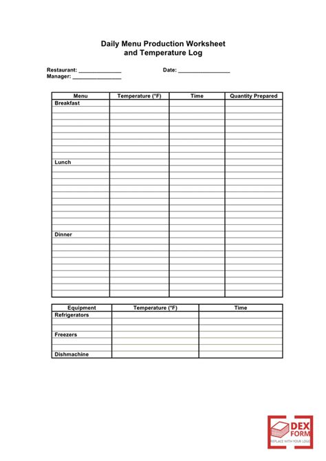 Menu production worksheet template in Word and Pdf formats