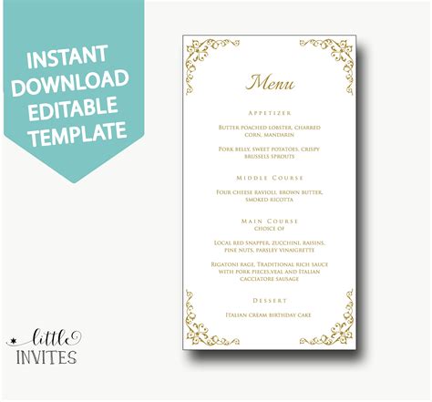 Menu template/Instant Download menu/Editable Menu file/white Etsy