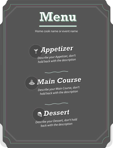 Home Menu Template. The universal Home Menu Template for Google Docs is suitable for cafes, restaurants, bars and other catering establishments of any kind. The main focus here is on the background in the form of a photo of a table covered with various appetizing dishes.. 