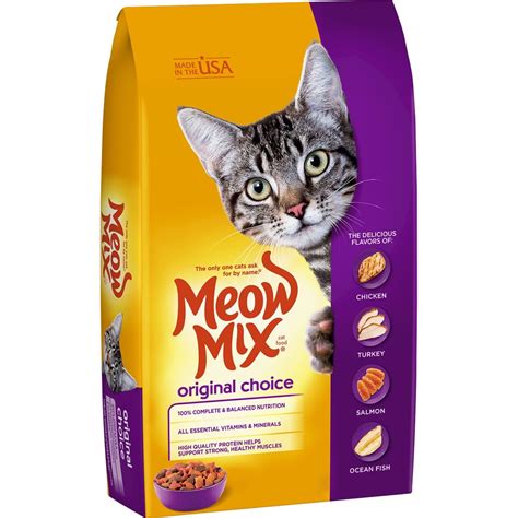 Meowmix. Meow Mix Original Choice provides all the essential nutrients your cat needs, including high-quality premium protein and essential fatty acids to help support strong muscles and keep their coat looking its best. This dry cat food blend is packed with tons of wholesome ingredients and the irresistible flavors of chicken, turkey, salmon and ocean ... 