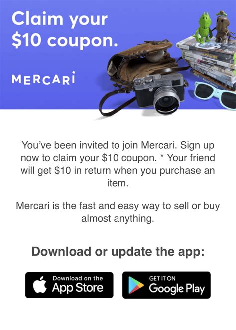 Mercari first purchase coupon. Use your $20 coupon on... Mercari. September 19, 2017. Time to treat yourself. Use your $20 coupon on any item priced $30+. Expires soon! 